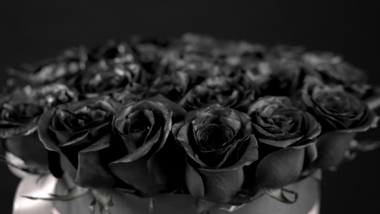 Black roses bouquet arrangement spinning with ribbon on black background