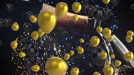 Animation-of-gold-balloons,-champagne-and-fireworks-on-black-background