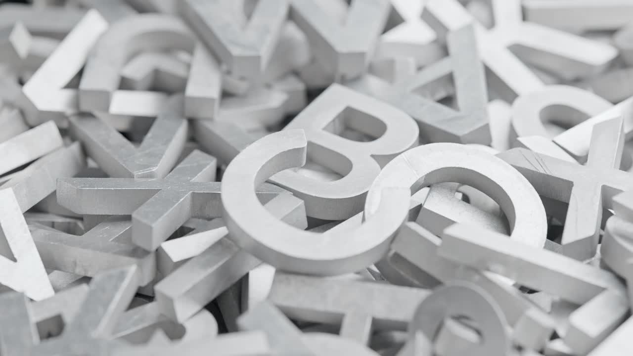 fotograma completo de primer plano en bucle con fondo giratorio lento de letras metálicas plateadas con enfoque selectivo
