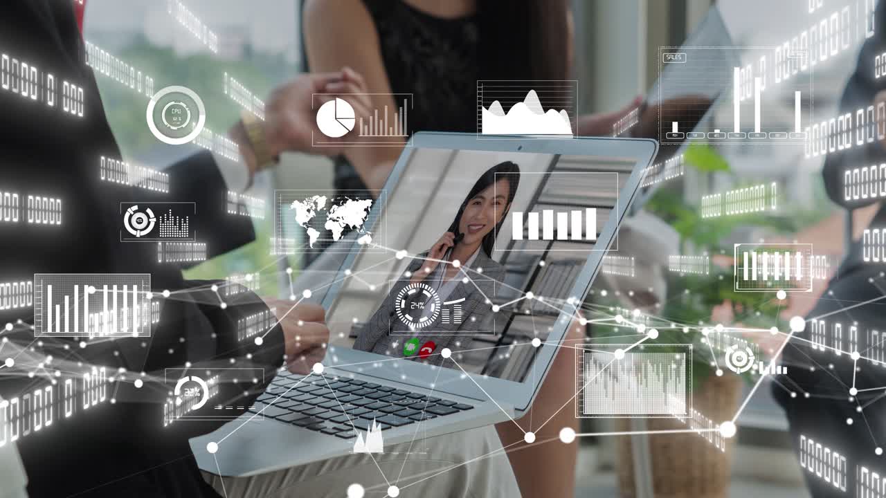 비디오 통화로 기업 직원 회의에서 사업가들의 창의적인 시각