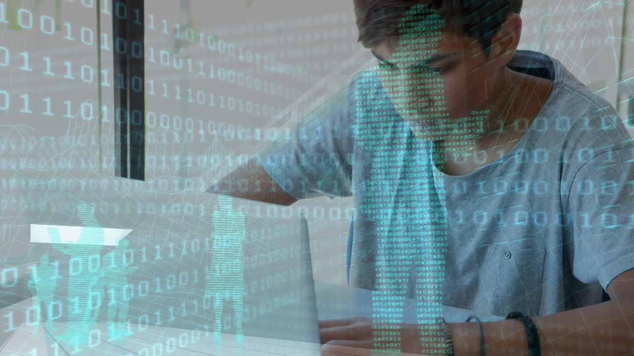 procesamiento de datos de codificación binaria contra un niño caucásico que usa una computadora portátil en clase en la escuela