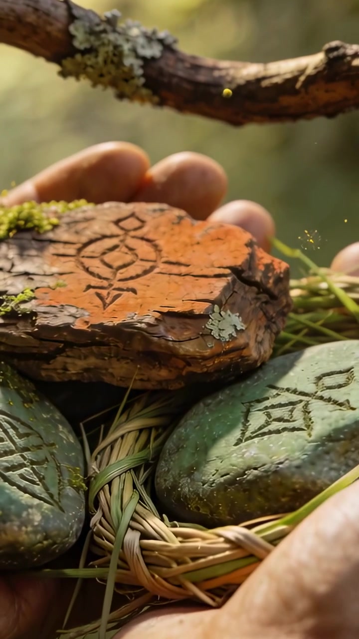 Video verticale: Una mano che si inclina tiene un nido intrecciato nella foresta, mostrando corteccia arancione e pietre verdi.