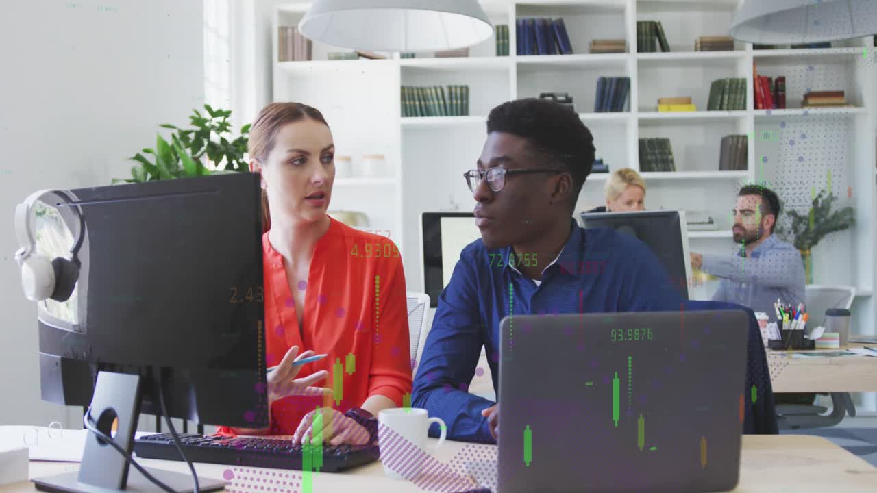 Composite of financial data processing over business people using computer in office