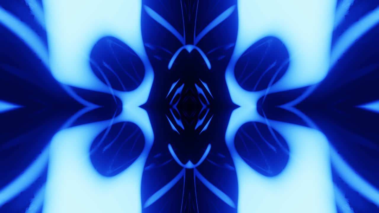 4k plynulá smyčková animace. Průlet zrcadlově symetrickým tunelem s neonovým vzorem, sci-fi zářivým vzorem. Jasné odražené neonové světlo. Jednoduché jasné pozadí, sci-fi struktura