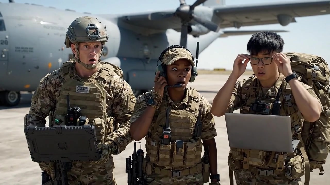 Personale militare si prepara per una missione con equipaggiamento e rifornimenti vicino a un aereo da trasporto sulla pista, dimostrando spirito di squadra e prontezza operativa.