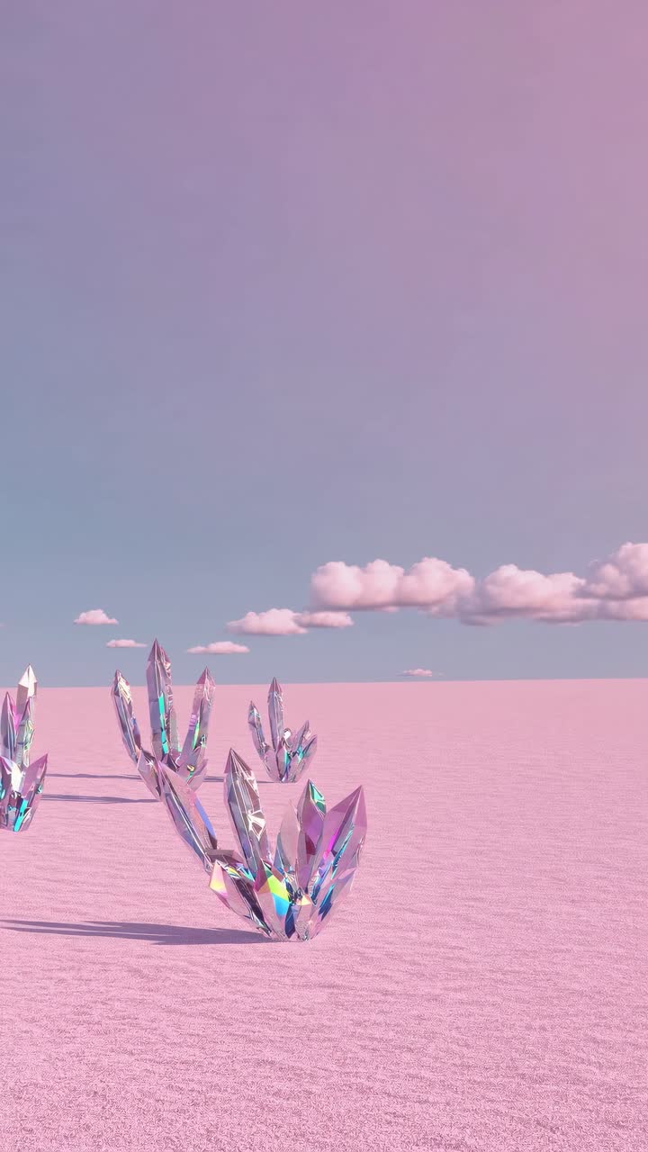 Surreal landscape with crystal formations on pink sand under a pastel sky