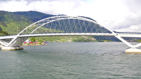 majestic aerial view of sogndal, norway with the sognefjord, lush mountains, and sogndal bridge under clear skies. breathtaking nordic landscape in soft natural light