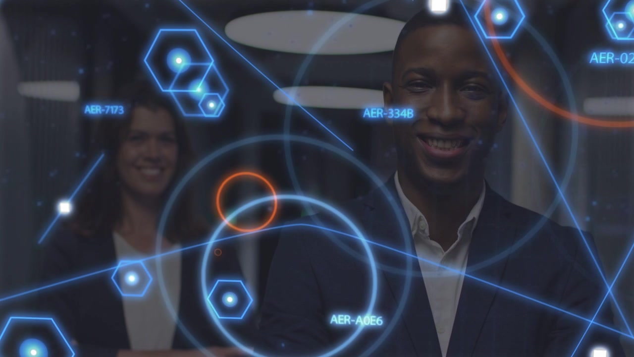 Man and woman in office, HUD activating and sweeping hexes, revealing faces, showing business data