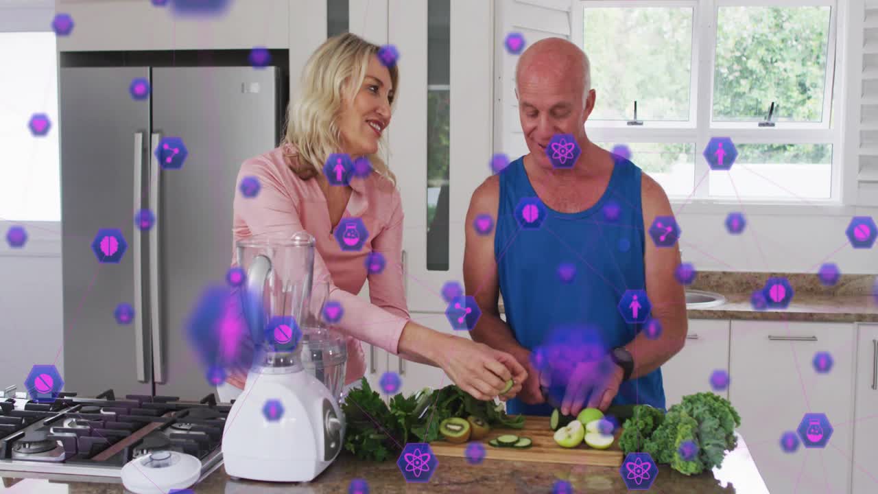 Ein Paar schneidet Obst und füllt einen Mixer für einen Smoothie, während schwebende Gesundheits-Icons den Prozess leiten.