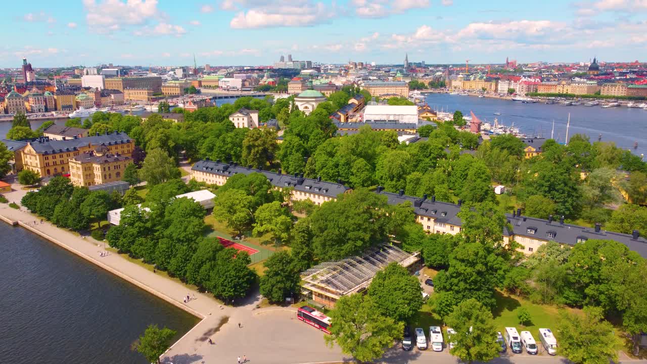 View over Hotel Skeppsholmen and Svensksundsparken in Stockholm. Drone dolly