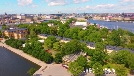 view over hotel skeppsholmen and svensksundsparken in stockholm. drone dolly