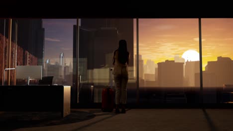 asian businesswoman crossing her arms and looking out of the window on big city with skyscrapers at sunset