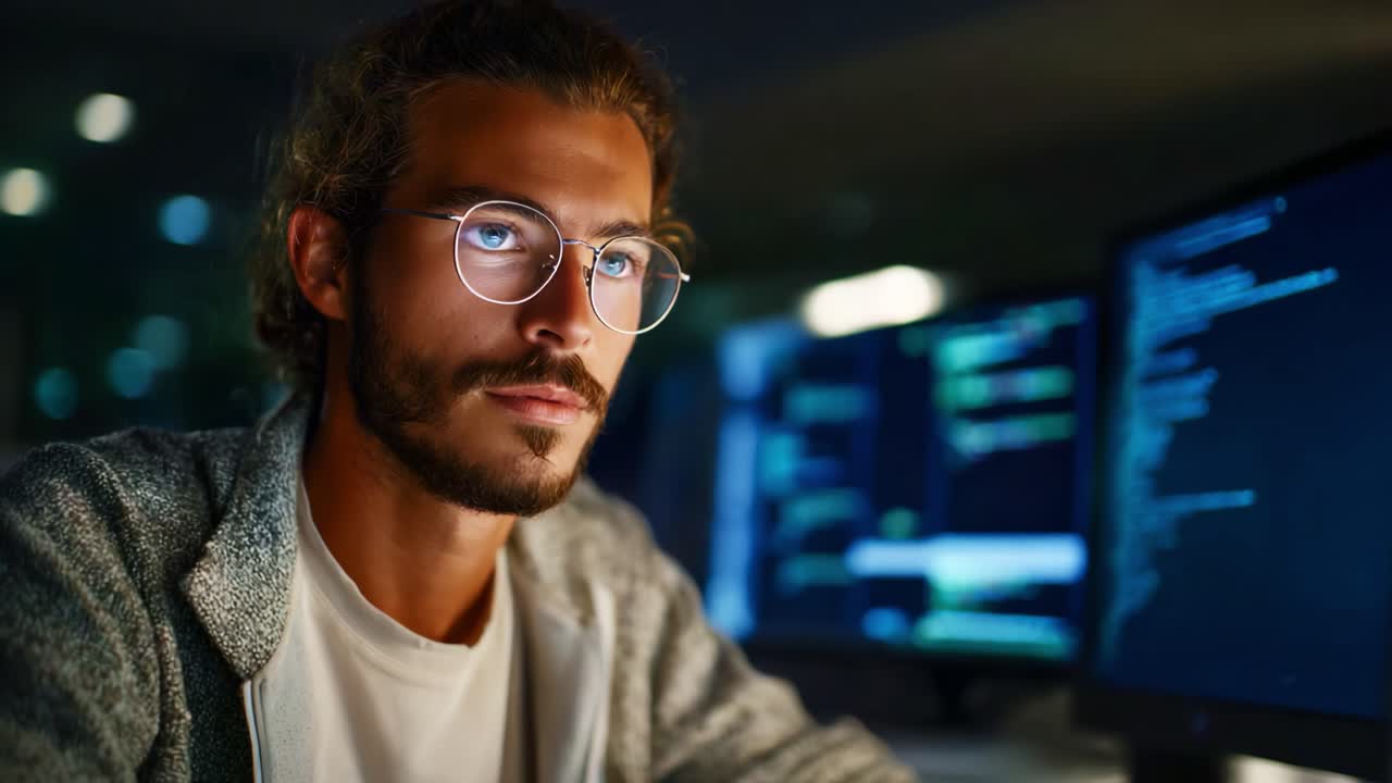 A focused individual working intently on coding at night, illuminated by computer screens showcasing lines of programming, reflecting dedication and concentration