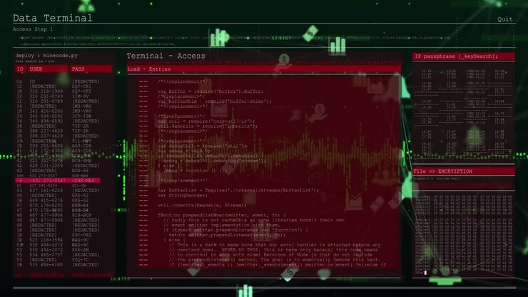 Animation of digital screen with programming languages over multiple icons connected with lines