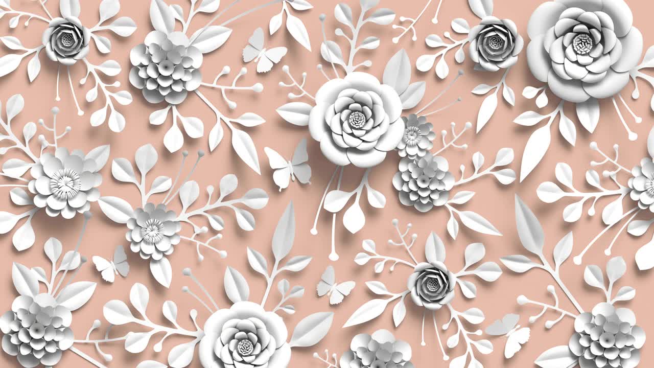 rendering 3d, animación en bucle de fondo floral, girando flores de papel, patrón botánico, artesanía de papel, colores pastel de dulces, flores blancas en fondo rosa
