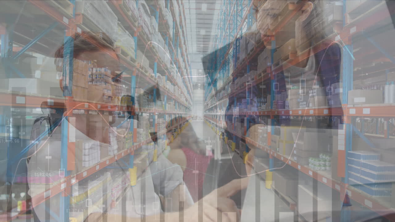 사무실과 창고에서 다양한 비즈니스 사람들에 대한 금융 데이터 처리의 애니메이션