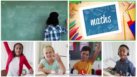 Animation-of-six-screens-of-diverse-children,-teacher-and-maths-text-during-online-school-lesson