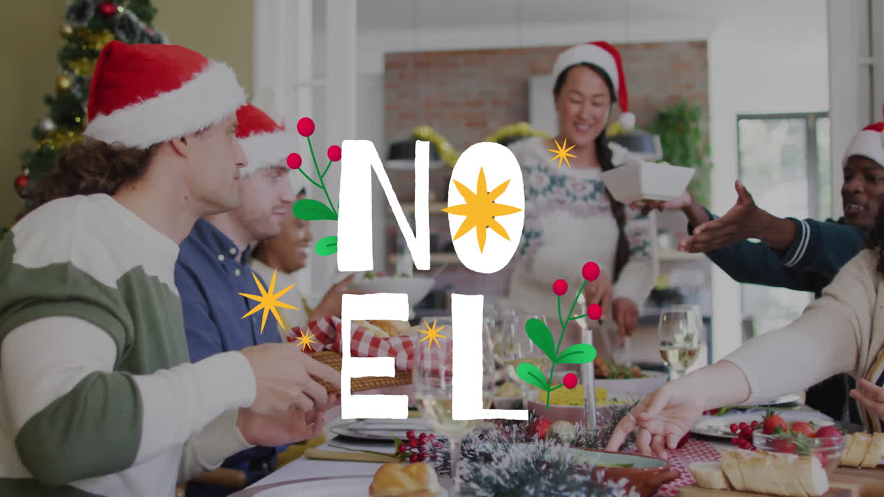 Christmas NOEL text animation over people celebrating and sharing food at festive table