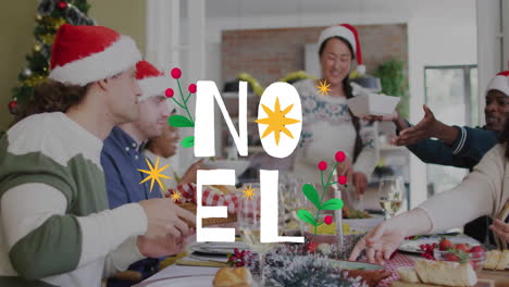 christmas noel text animation over people celebrating and sharing food at festive table