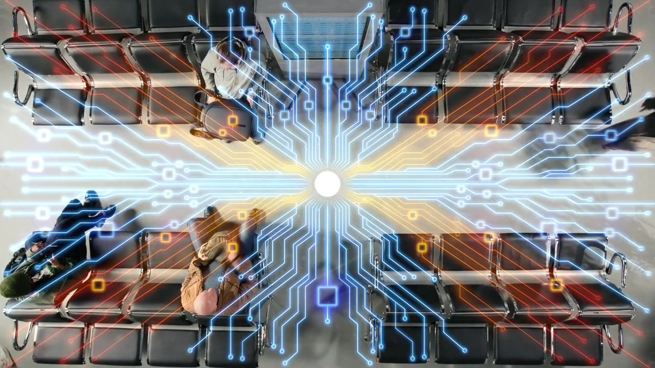Timelapse of travelers walking in modern airport, technology overlay graphics