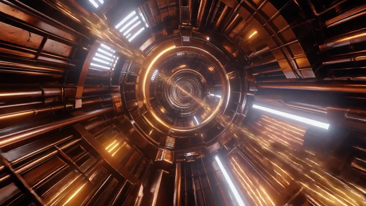Tunnel Metallico Futuristico con Particelle di Luce Dorata Luminose