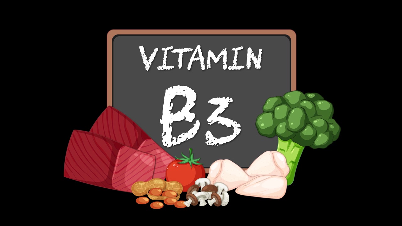 Chalkboard animation reveals Vitamin B3 with illustrated meat, vegetables, nuts, and mushrooms on black