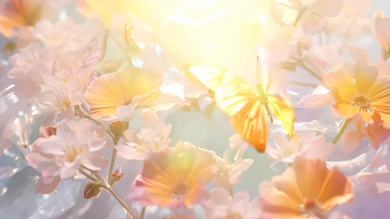 暖かな日差しを浴び、蝶が舞う柔らかなピンクとオレンジ色の花の夢のようなクローズアップビデオ