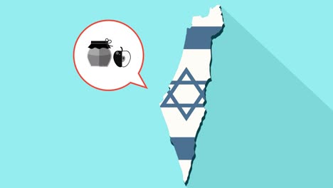 animación de una larga sombra mapa de israel con su bandera y un globo cómico con un frasco de miel y manzana