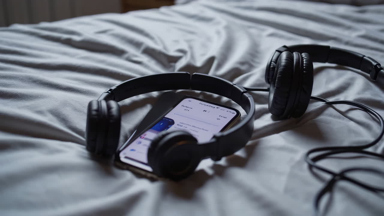 Headphones and Phone on a Bed