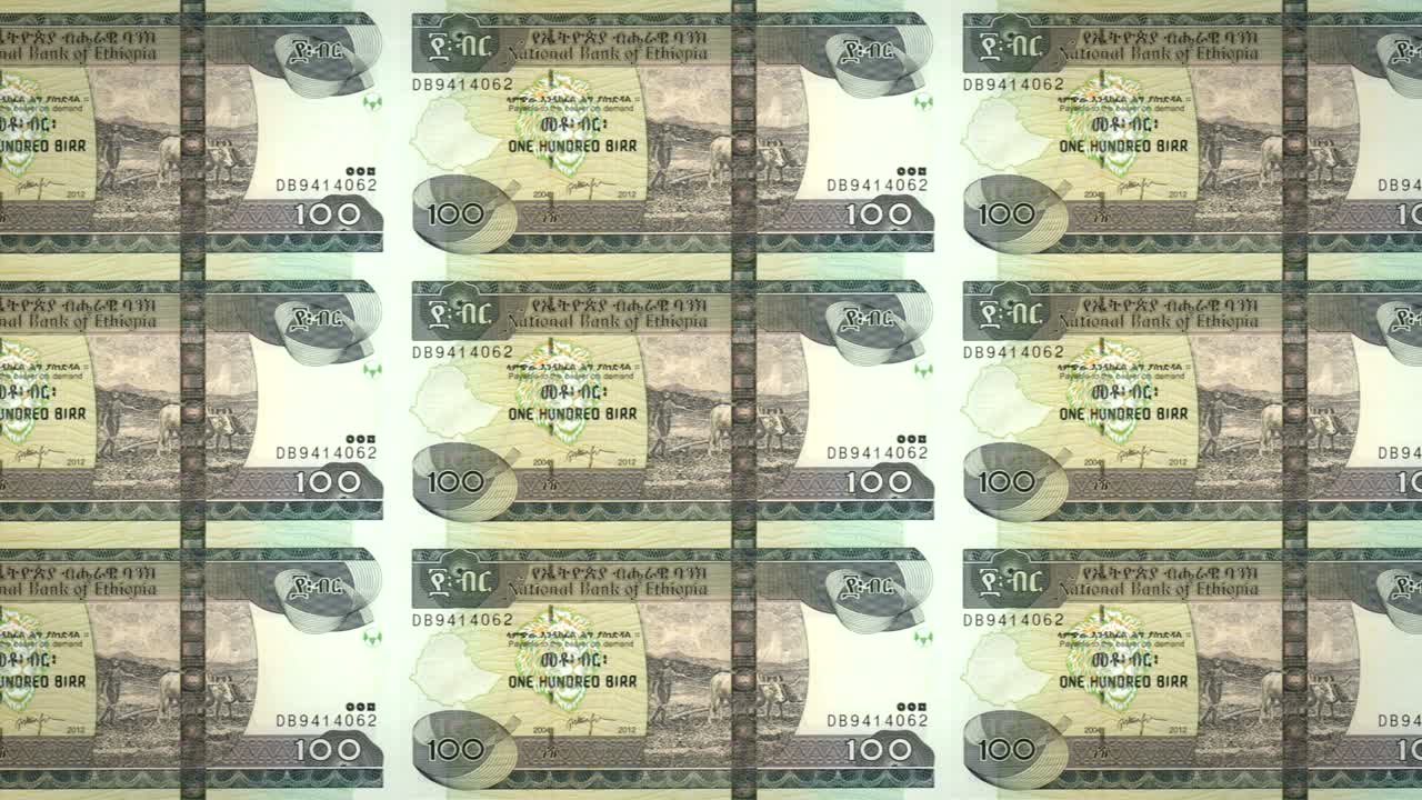 billetes de un centenar de birr etíope de etiopía rodando, dinero en efectivo, bucle