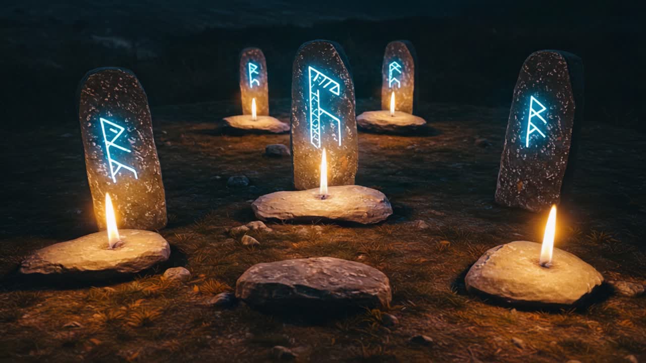 Mysterious Stones with Glowing Runes and Candles - An Enigmatic Scene Captured in a Night Landscape, Evoking Ancient Magic and Intrigue