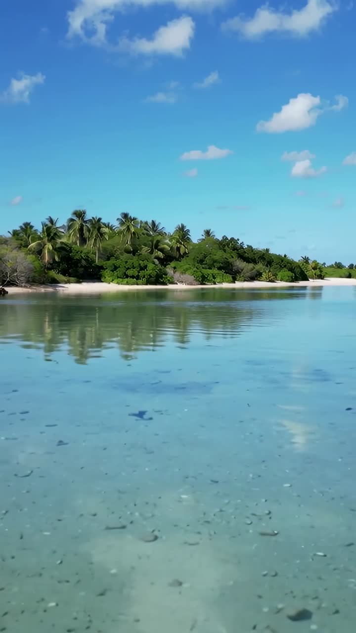 Vidéo verticale : Caméra panoramique révélant un lagon turquoise au bord, montrant un palmier plus grand et des rochers.