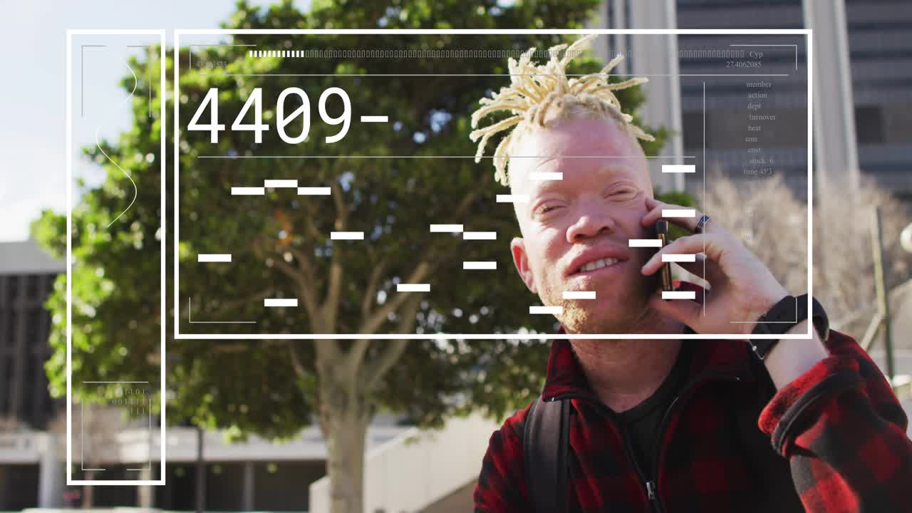 Man holding phone speaking on call in plaza, incoming call initiating AR HUD showing data receding