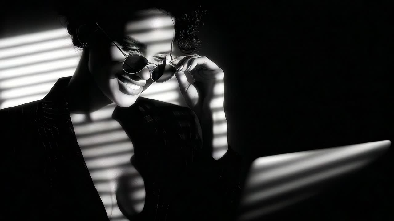 A captivating close-up portrait of a woman in stylish sunglasses, exuding confidence while engrossed in a laptop, beautifully illuminated by dramatic striped shadows