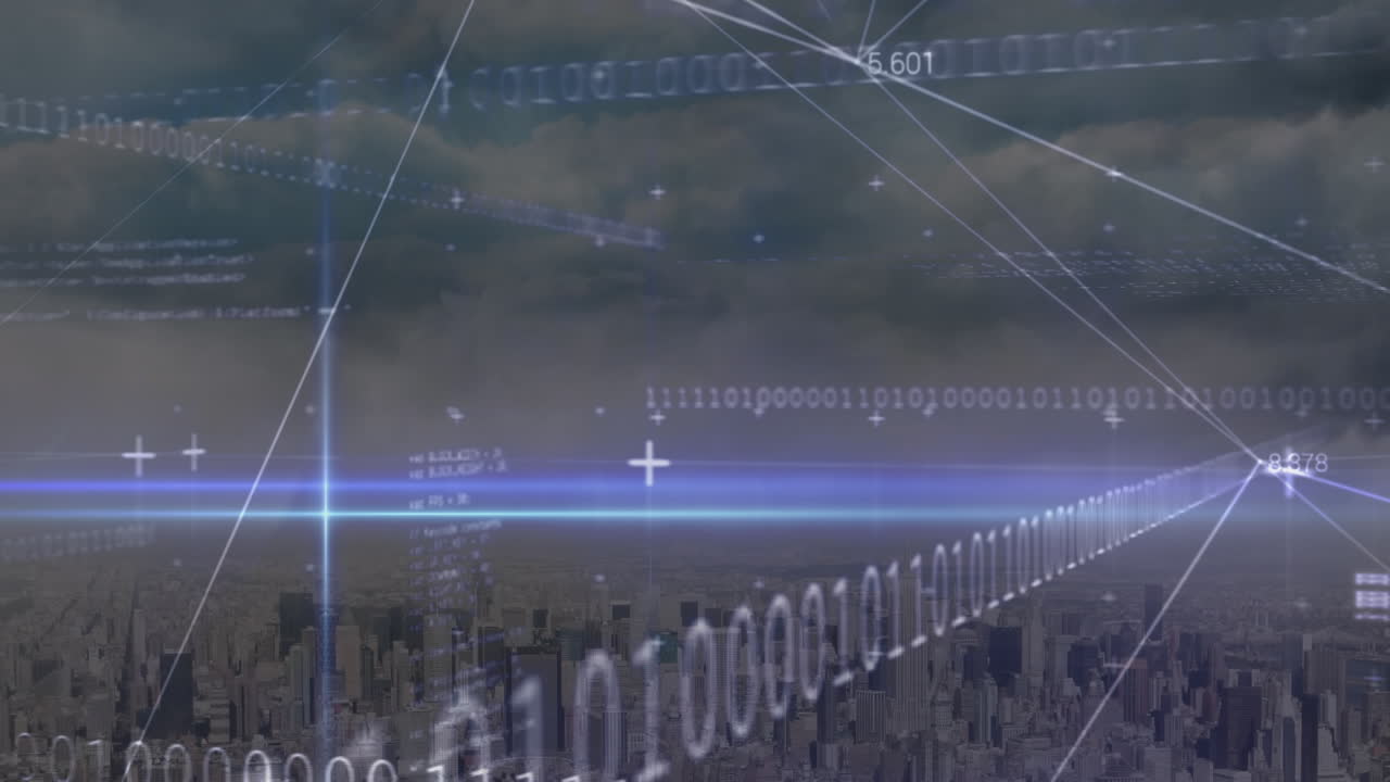 도시 풍경 위의 데이터 처리 애니메이션