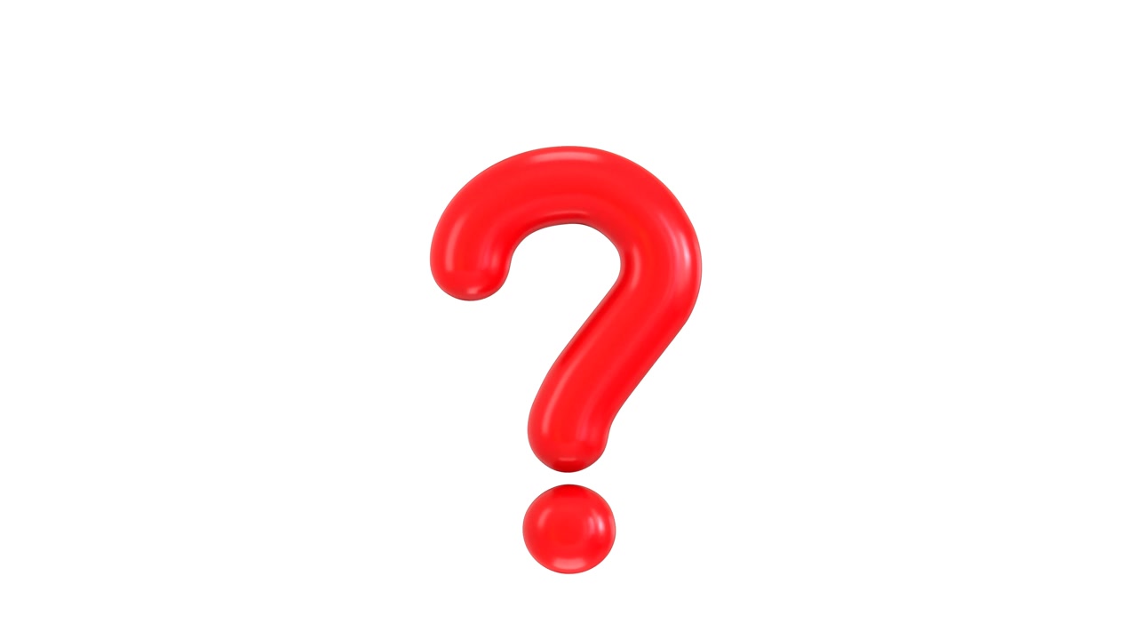 Signo de interrogación 3D rojo girando sobre fondo blanco