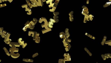 falling gold pound signs on a transparent background with depth of field. 3d looped animation prores 4444