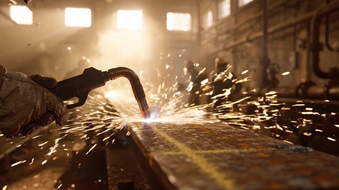 Welding Sparks Ignite in Workshop as Skilled Workers Focus on Metal Fabrication, Creating a Dynamic Display of Light, Energy, and Industrial Technique