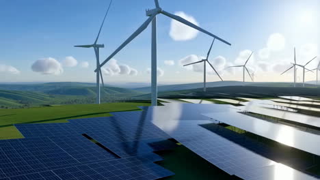 renewable energy landscape with wind turbines and solar panels