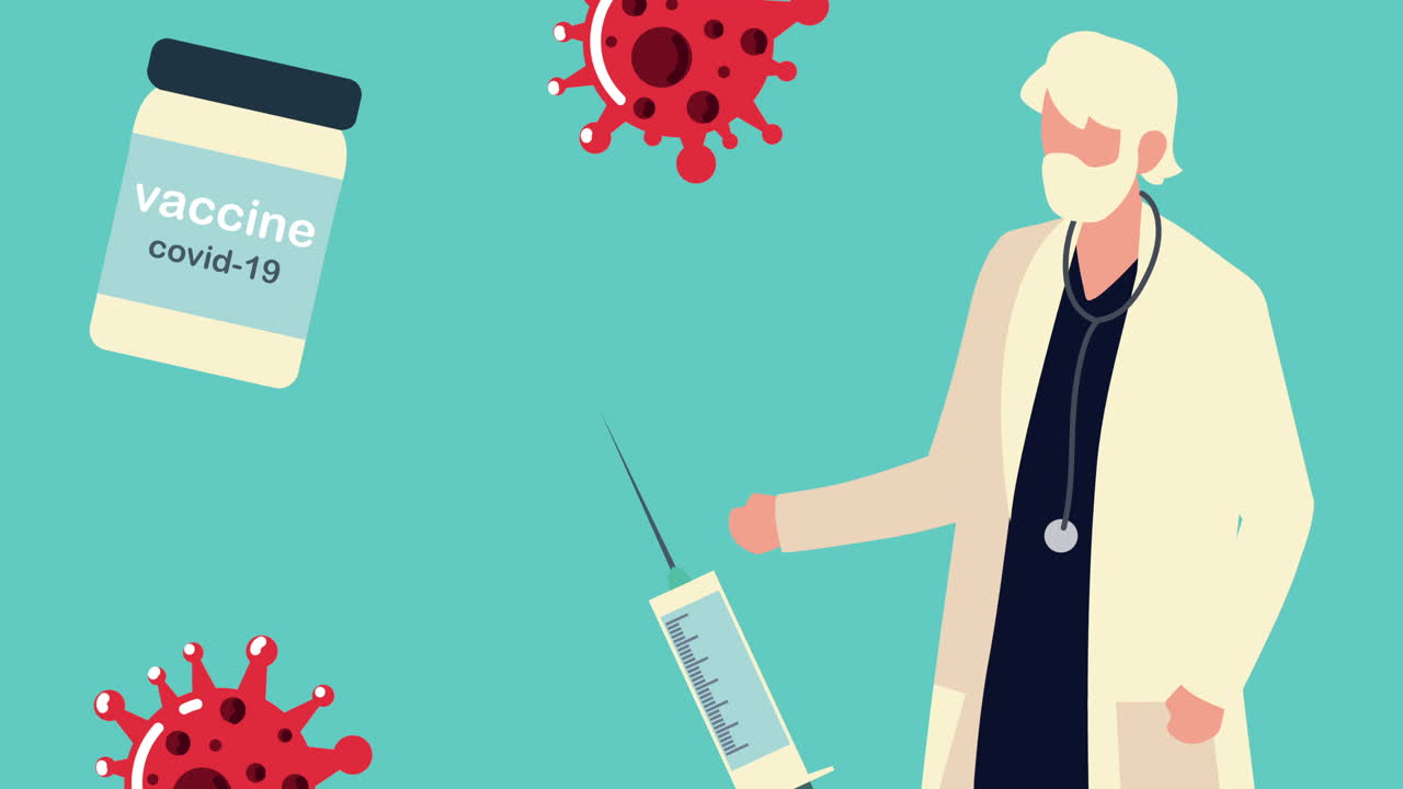 doctor with covid19 vaccine pattern icons