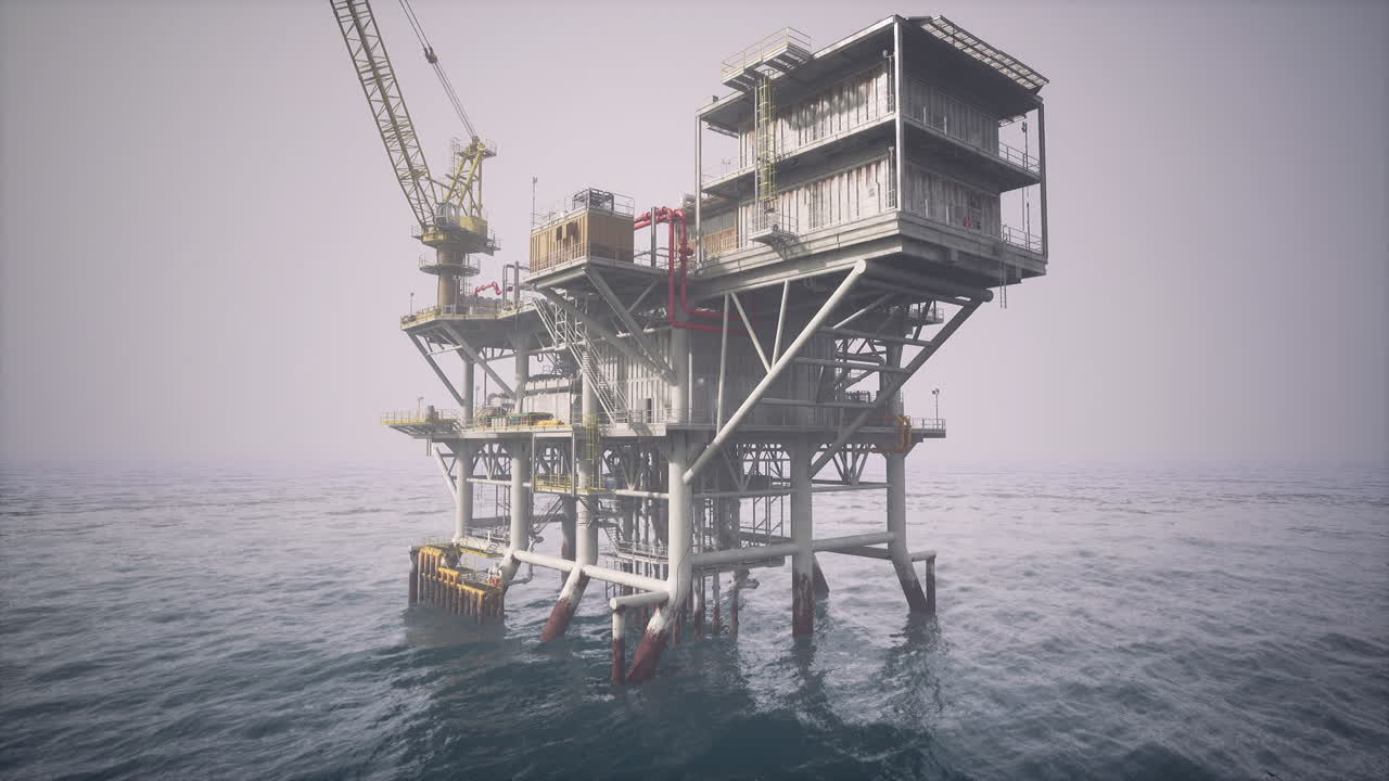 Old oil platform in foggy waters showcasing offshore drilling operations