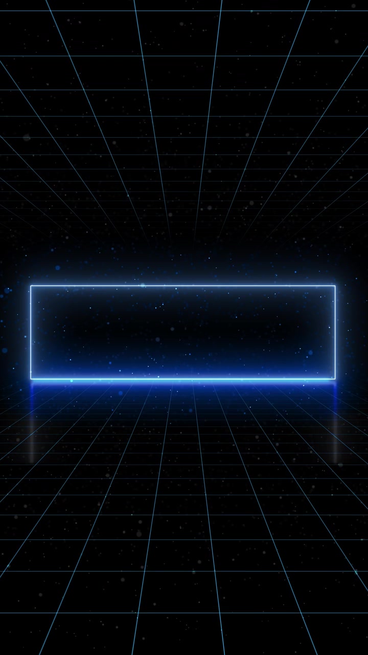 Neon blue rectangle frame background with glowing grid floor dark empty center and futuristic stage