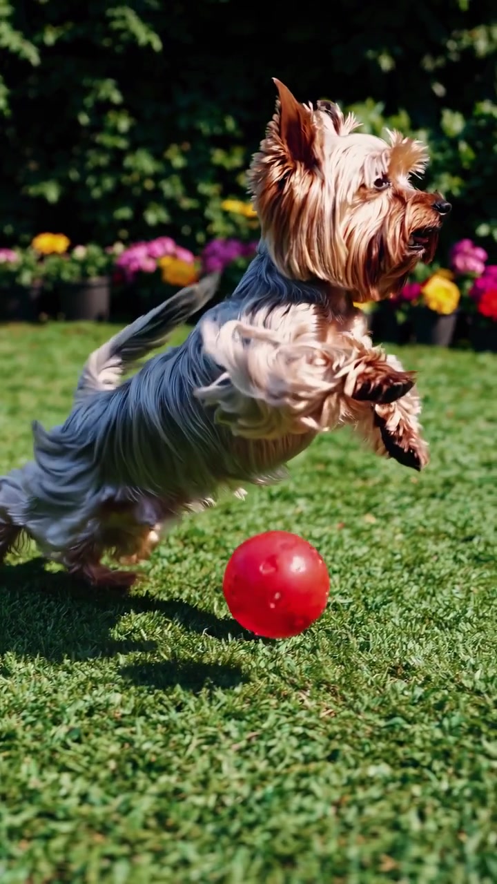 Cane Yorkshire Terrier giocoso che si avventa su una palla rossa al rallentatore