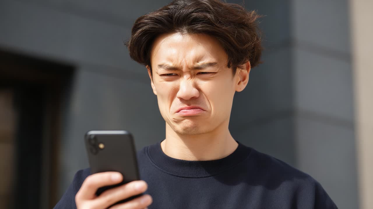A Young Man Reacts with Disappointment and Concern While Looking at His Smartphone in an Urban Setting, Capturing Raw Emotions in a Contemporary Moment