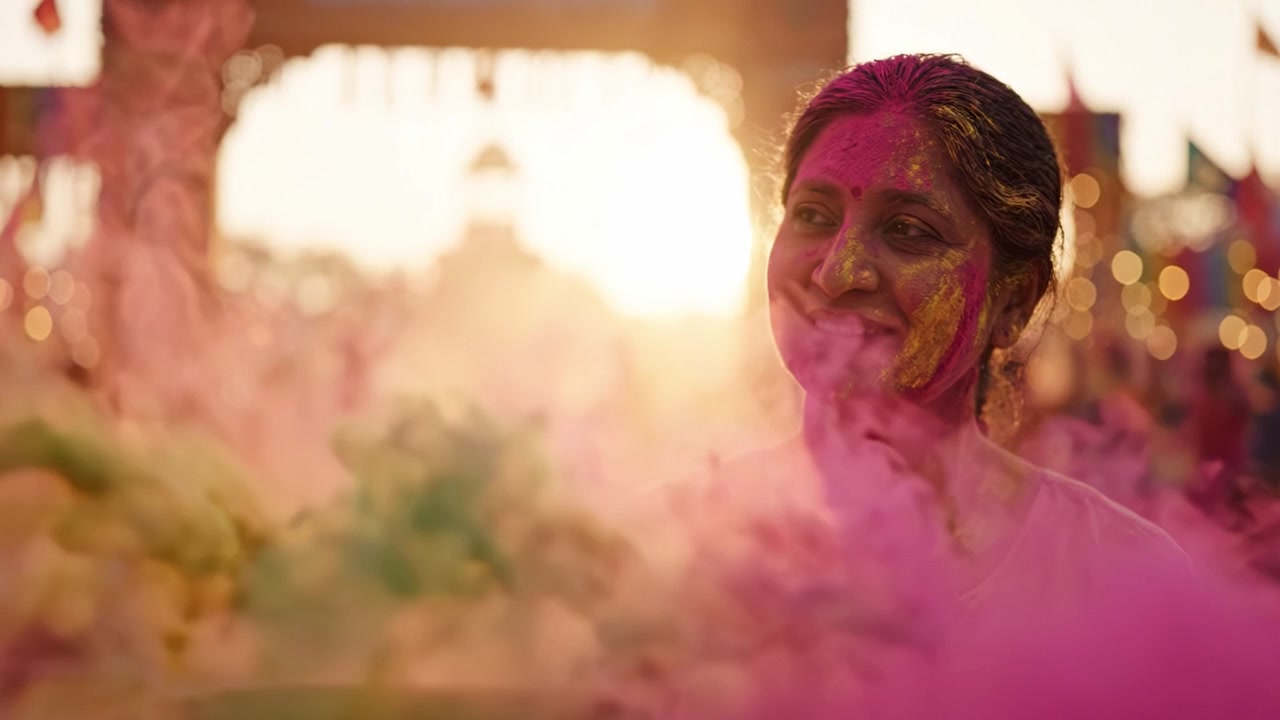 Celebrando colori vivaci e momenti gioiosi durante un festival con una donna felice coperta di polvere Holi, catturata in una splendida atmosfera al tramonto