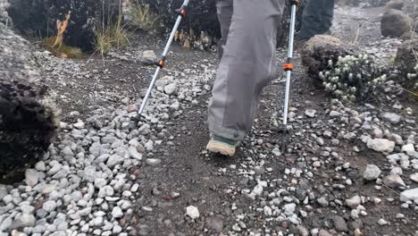 rear view of feet walking step by step through the wasteland between the stones