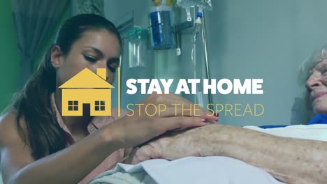 animación de las palabras quedarse en casa detener la propagación con mujer caucásica acostada en la cama del hospital y él