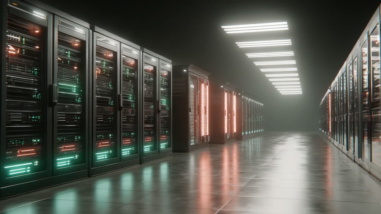 An Intricate View of a High-Tech Data Center Showcasing Rows of Illuminated Server Racks in a Sleek, Modern Environment with Reflective Flooring