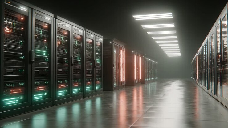 Et indviklet syn af et højteknologisk datacenter, der viser rækker af oplyste serverracks i et elegant, moderne miljø med reflekterende gulv