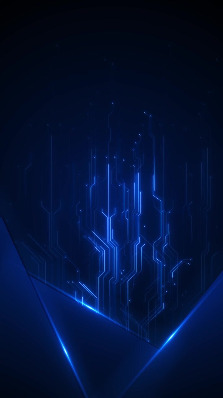 Sfondo circuito elettronico blu scuro, linee di traccia luminose, bagliore del bordo luminoso, tecnologia elegante